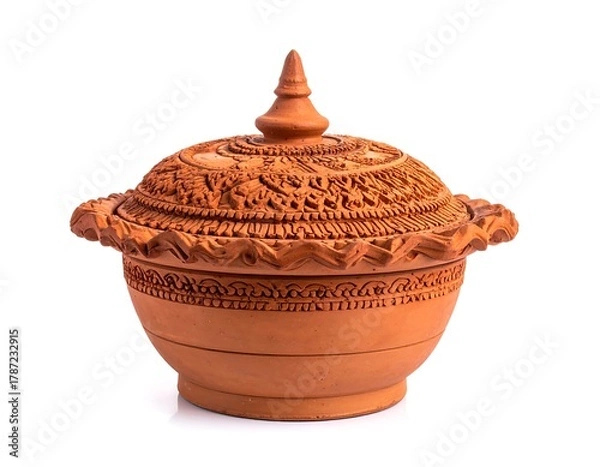 Obraz Close-up of intricately carved earthenware lidded bowl