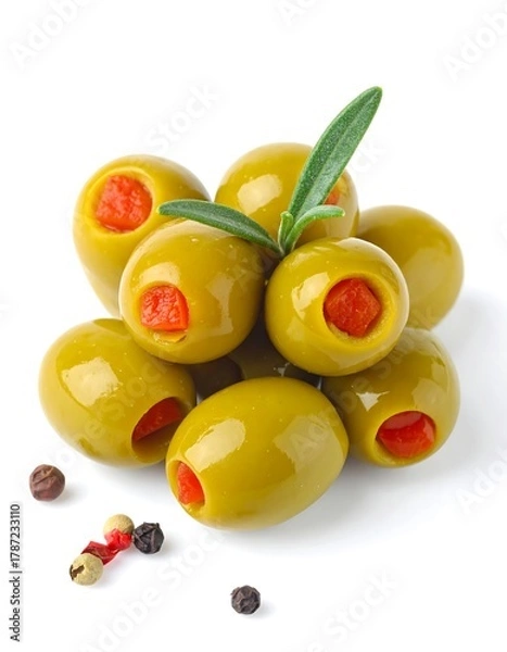 Obraz Close-up of pitted green olives stuffed with red pimiento, garnished