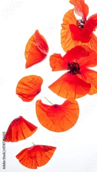 Obraz Close-up of vibrant red, papery petals of multiple flowers, some detached, against a stark white backdrop creating a delicate composition