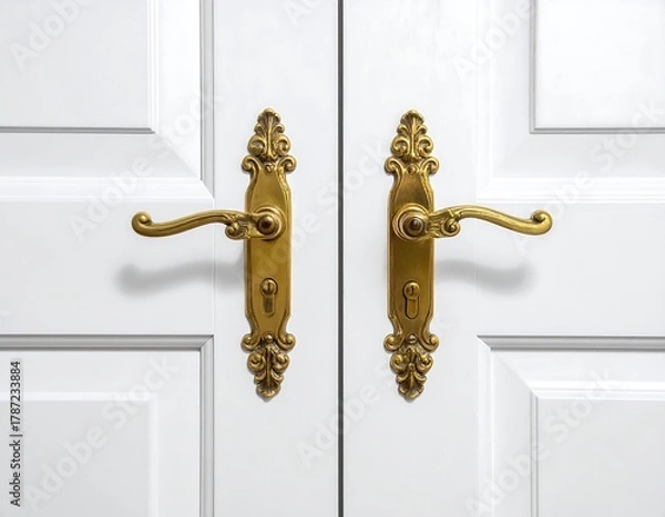 Obraz Close-up of white wooden double doors with ornate gold handles