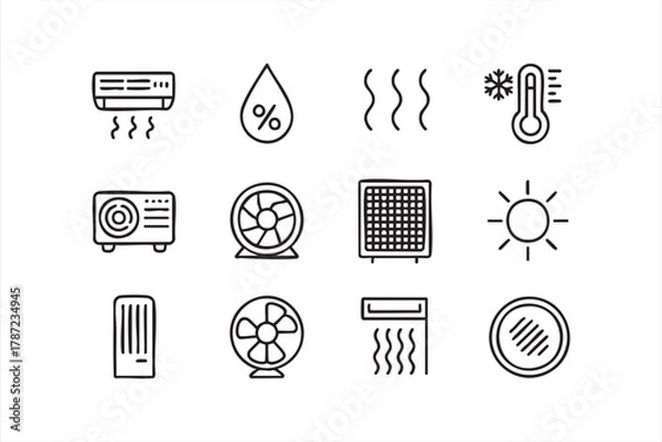 Fototapeta Airflow, fan, and thermostat icons for ventilation and climate system design