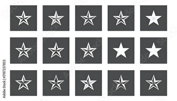 Obraz Fifteen white five-pointed stars, each within a dark gray square. They vary in texture and detail