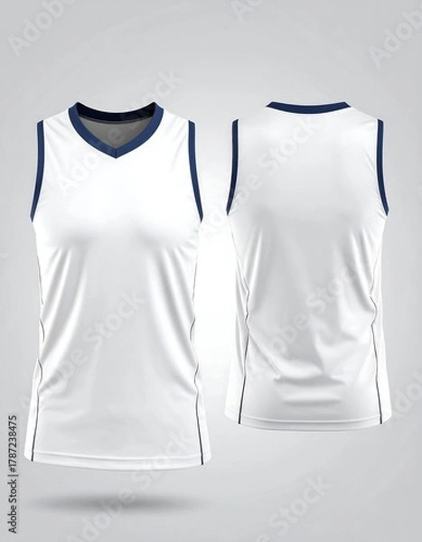 Obraz Front and back view of a white sleeveless shirt with navy trim