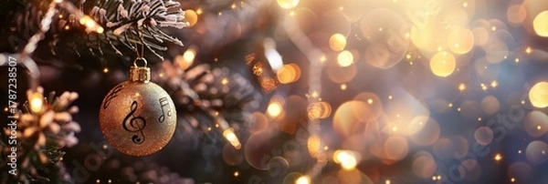 Fototapeta Festive new year christmas scene with glittering ornament and warm lights. Christmas tree decorated with a treble clef. Horizontal banner. Copy space. For a music store, music school, concert hall