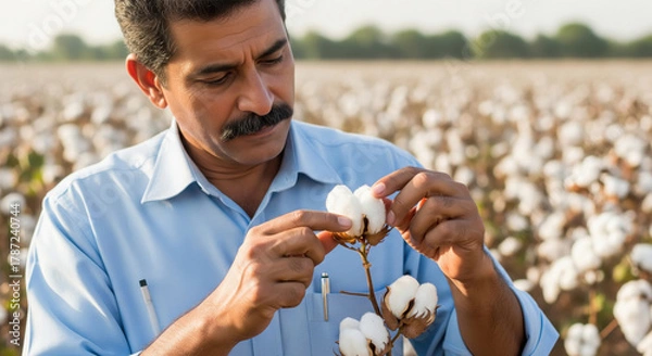 Obraz Farmer Inspecting Cotton Quality in a Sunny Agricultural Field
