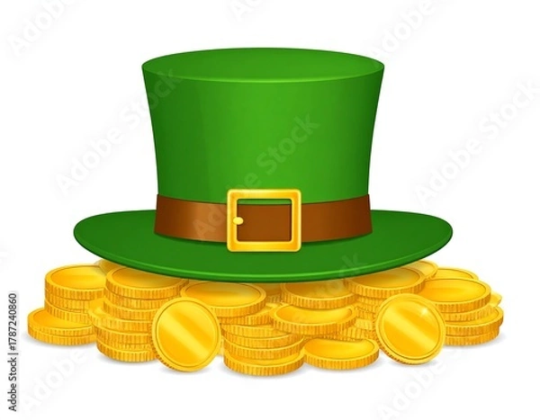 Obraz Green hat atop a golden coin pile, symbolizing good fortune