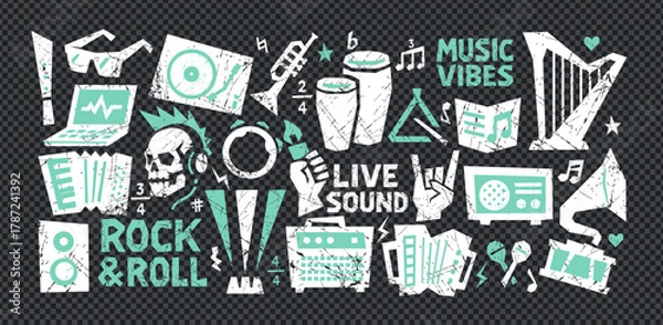 Obraz Music sticker art with crayon graffiti rock roll drawn texture. Crayon music poster combines punk note and grunge pattern. Doodle band element for street graphic design.