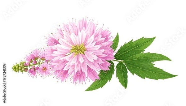 Obraz Delicate pink astilbe flower with green leaves on white background.