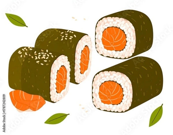 Obraz Illustration of four salmon sushi rolls with sesame seeds and rice