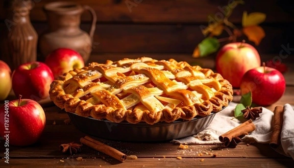 Obraz Delicious Homemade Apple Pie with Autumnal Accents on Wooden Table.