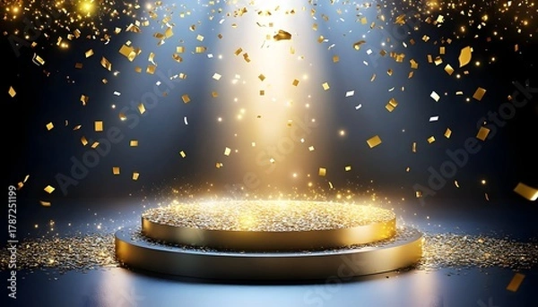 Obraz Golden confetti on festive stage.