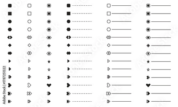 Fototapeta bullet points list of shapes, like arrows, heart, circle, square for power point presentation, infographics, web and app design development elements