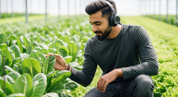 Fototapeta Young farmer checking hydroponic lettuce in a smart greenhouse.