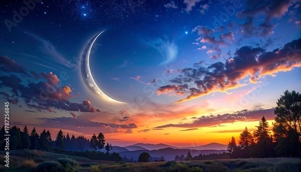 Obraz Serene Crescent Moon Over a Tranquil Landscape at Twilight.