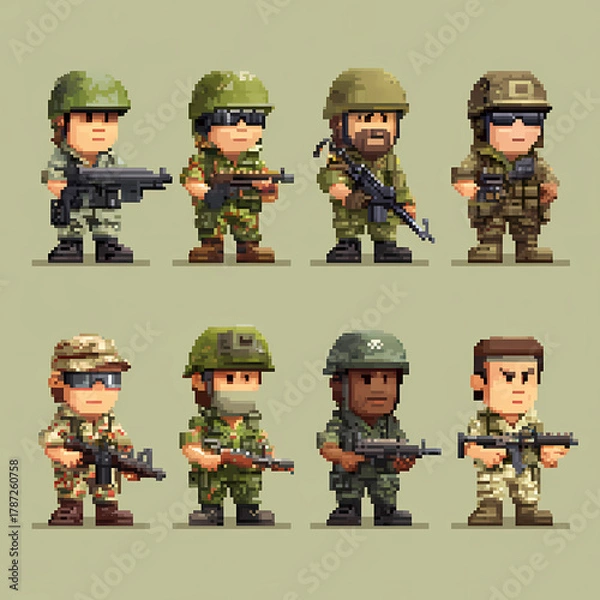 Obraz 8-bit pixel art soldier game set AI generated