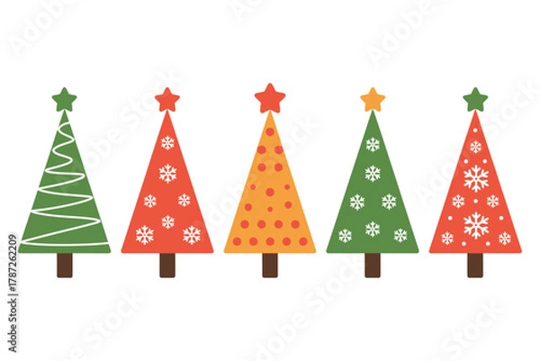 Fototapeta A row of five colorful and decorative Christmas trees with stars on top stands against a white background.