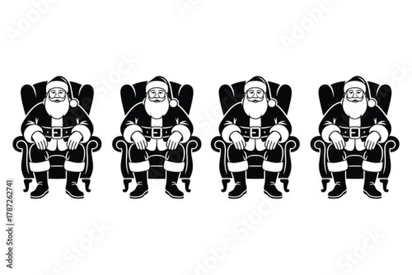 Fototapeta Four identical Santas sit in armchairs, creating a symmetrical and festive pattern.