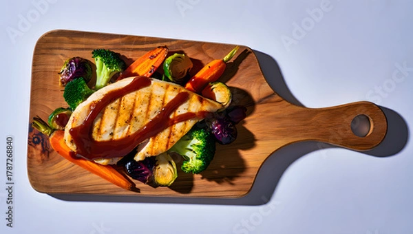 Fototapeta Delicious grilled chicken breast with colorful roasted vegetables served on a rustic wooden cutting board with a drizzle of sauce