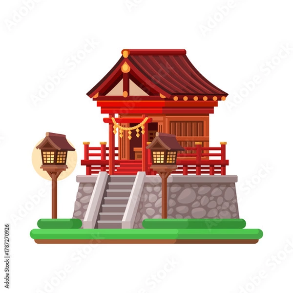 Fototapeta Japanese Shinto Shrine with Lanterns — Traditional Asian Temple Vector Illustration