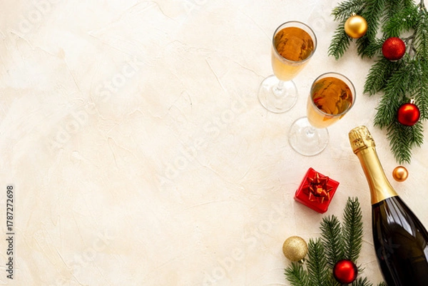 Fototapeta Christmas bottle of champagne with two glasses and fir tree branches, top view. Happy New Year and Merry Christmas decoration