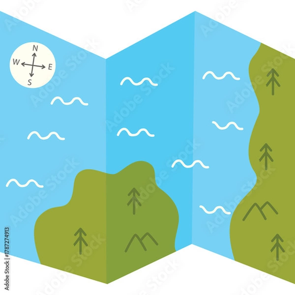 Fototapeta Abstract Flat Design Map With Compass And Wavy Lines Illustrating Land And Sea In Light Blue And Green Colors