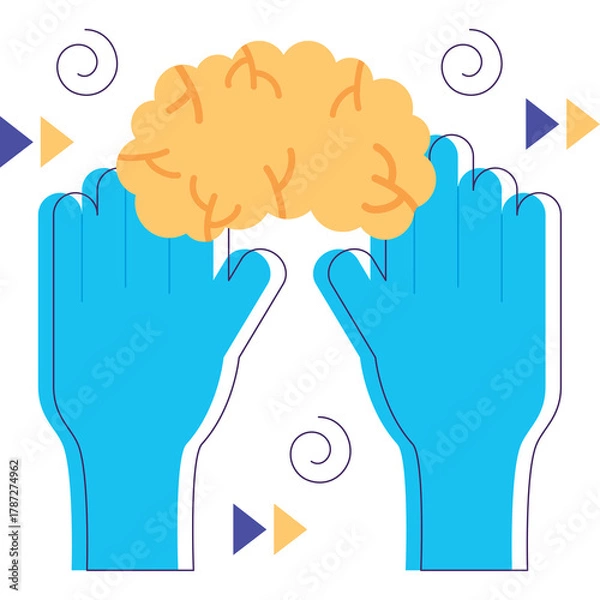 Fototapeta Blue Hands Holding Yellow Brain With Swirls And Arrows On Transparent Background Minimalist Style