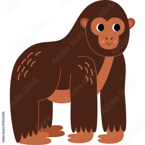 Fototapeta Cartoon gorilla standing upright with dark brown fur and light brown belly and face on a transparent background