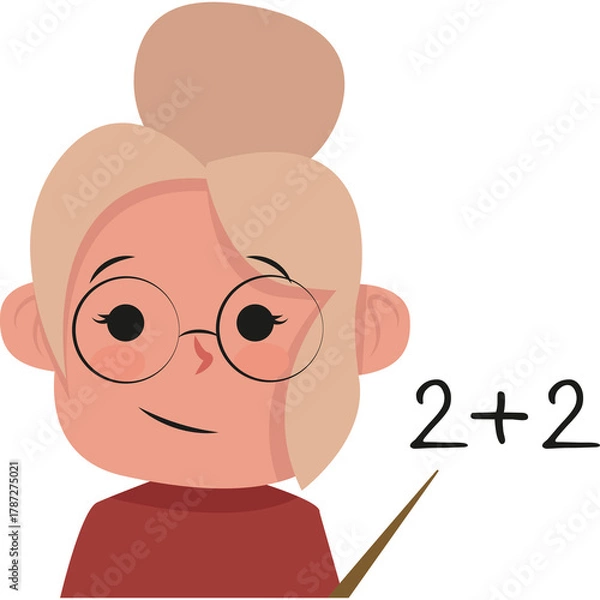 Fototapeta Cartoon Elderly Woman With Bun Hairstyle And Glasses Smiling Holding A Pointer Stick With Math Equation Two Plus Two On Transparent Background