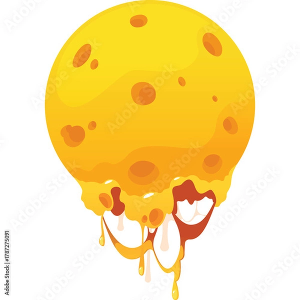 Fototapeta A Round Yellow Object With Dark Spots Appears To Be Melting With Drops Dripping From The Bottom Isolated On A White Background