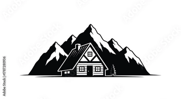 Obraz a cozy cabin nestled among towering snow capped mountains