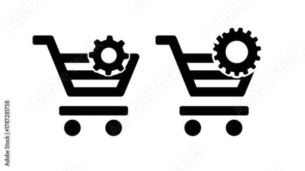 Fototapeta E-commerce shopping cart with gear icon. Online retail settings, business optimization, and digital shop configuration.