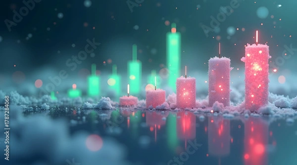 Fototapeta 3D winter stock market chart with glowing red and green candlesticks surrounded by frost, snow, and icy reflections under cinematic cold lighting. AI Generated.