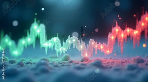 Obraz 3D winter stock market chart with glowing red and green candlesticks surrounded by frost, snow, and icy reflections under cinematic cold lighting. AI Generated.