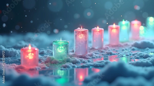 Fototapeta 3D winter stock market chart with glowing red and green candlesticks surrounded by frost, snow, and icy reflections under cinematic cold lighting. AI Generated.