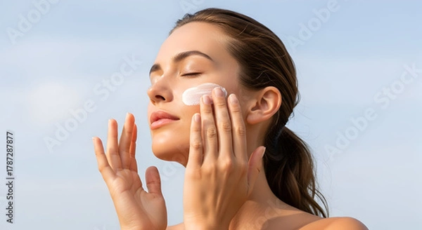Fototapeta Beautiful woman applying white sunscreen lotion for skincare routine