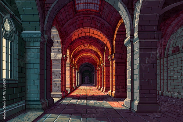 Obraz Game background hallway 8-bit pixel art AI generated