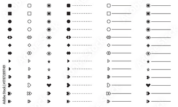 Fototapeta bullet points list of shapes, like arrows, heart, circle, square for power point presentation, infographics, web and app design development elements