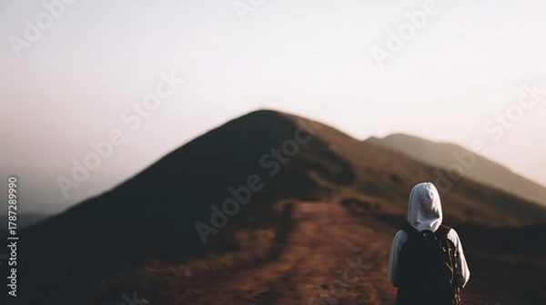 Obraz climbing. Solo hiker on mountain trail during golden hour, with blurred mountain backdrop. tourism brochures, itinerary planners, designed for hospitality marketing for hotel rooms and spa retreats.