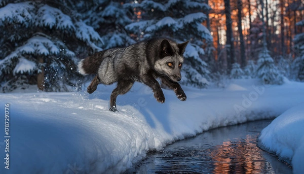 Obraz Dynamic action shot of a wild black silver fox leaping over a creek in a snowy winter forest at sunset