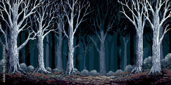 Obraz 8-bit pixel art forest night game background AI generated