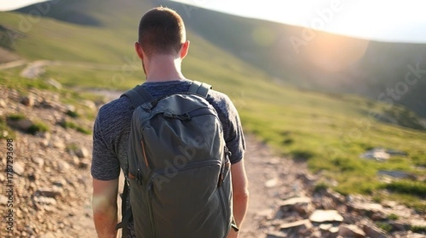 Obraz climbing. Solo hiker on mountain trail during golden hour, with blurred mountain backdrop. tourism brochures, itinerary planners, designed for hospitality marketing for hotel rooms and spa retreats.