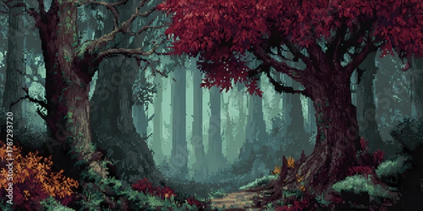Obraz 8-bit pixel art forest night game background AI generated