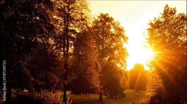 Obraz blurred. Tranquil park at sunset with warm golden hues, creating a peaceful natural landscape. inspiring travel planning, travel magazines, designed for travel destination branding.