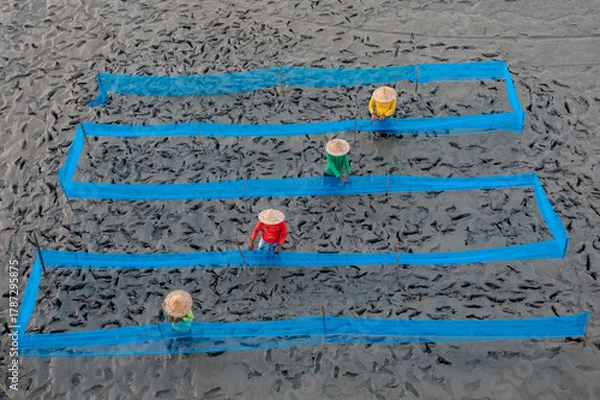 Fototapeta Unidentified fishermen arranging colourful fish nets. Top view, selective focus