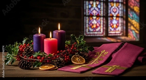 Fototapeta Gaudete Sunday Candles Lit Advent Wreath & Stained Glass Celebrating Joyful Third Sunday of Advent