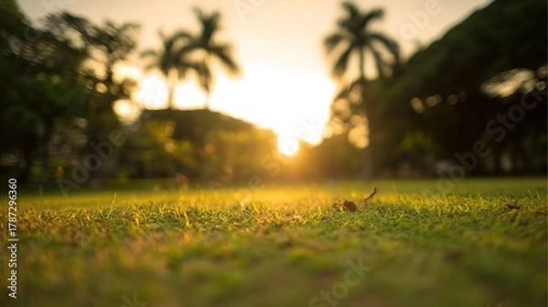 Obraz blurred. Tranquil park at sunset with warm golden hues, creating a peaceful natural landscape. inspiring travel planning, travel magazines, designed for travel destination branding.
