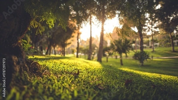 Obraz blurred. Tranquil park at sunset with warm golden hues, creating a peaceful natural landscape. inspiring travel planning, travel magazines, designed for travel destination branding.