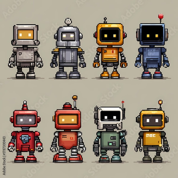 Obraz 8-bit pixel art robot game set AI generated 