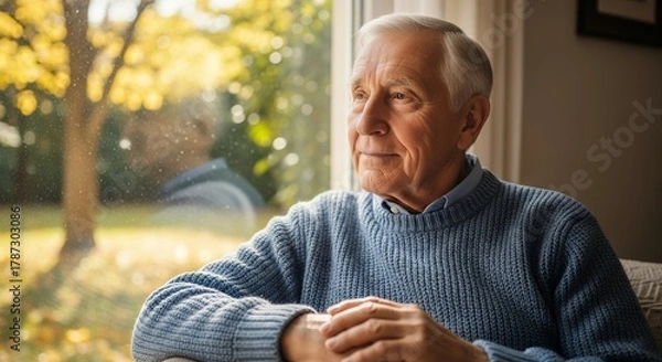 Obraz Senior man in a blue sweater looks thoughtfully out of a window with autumn foliage visible, concept for retirement planning, contemplation and health care