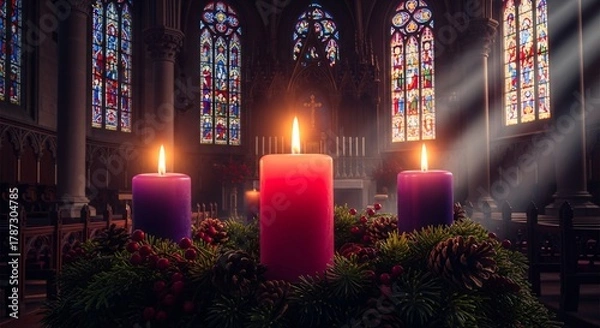 Fototapeta Gaudete Sunday Candles Lit in Church Celebrating Third Advent Joyful Anticipation of Christmas